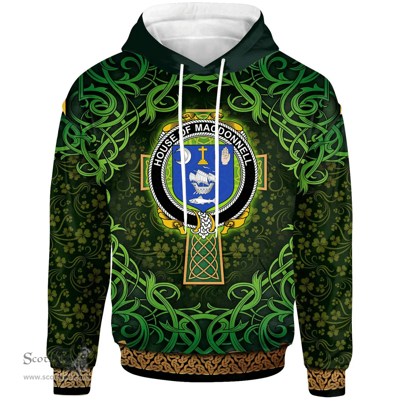 ScotsTee Shop Irish House of MACDONNELL (Clare and Connacht) Coat of Arms Family Crest Ireland Hoodie Celtic Cross Shamrock Patterns