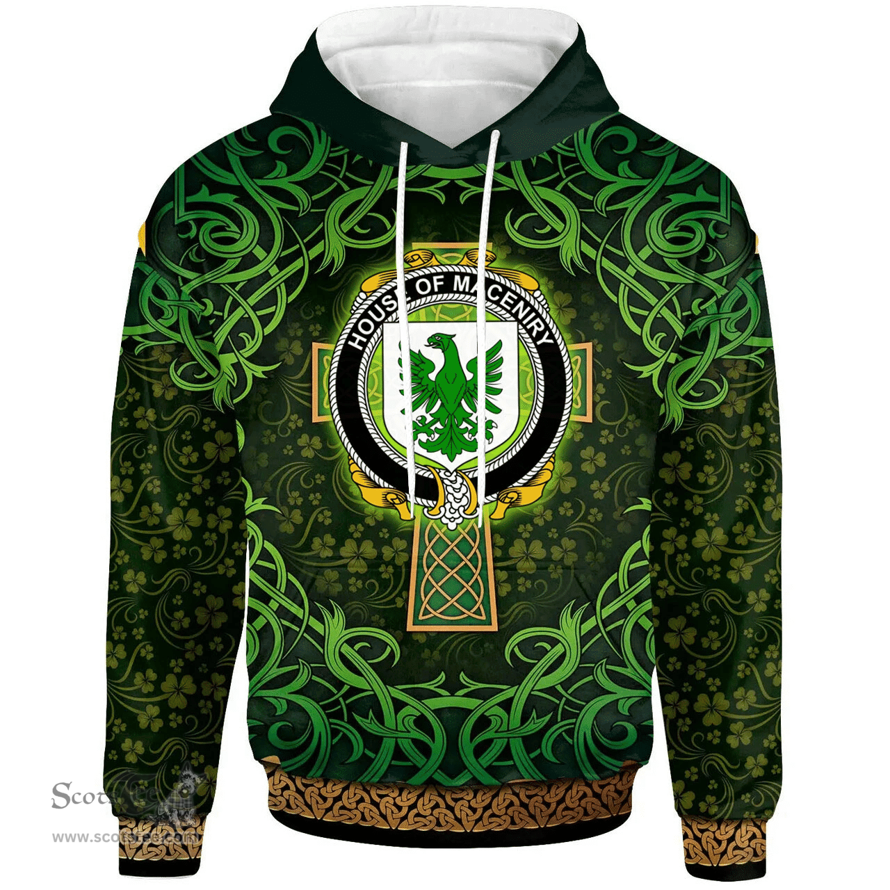 ScotsTee Shop Irish House of MACENIRY Coat of Arms Family Crest Ireland Hoodie Celtic Cross Shamrock Patterns