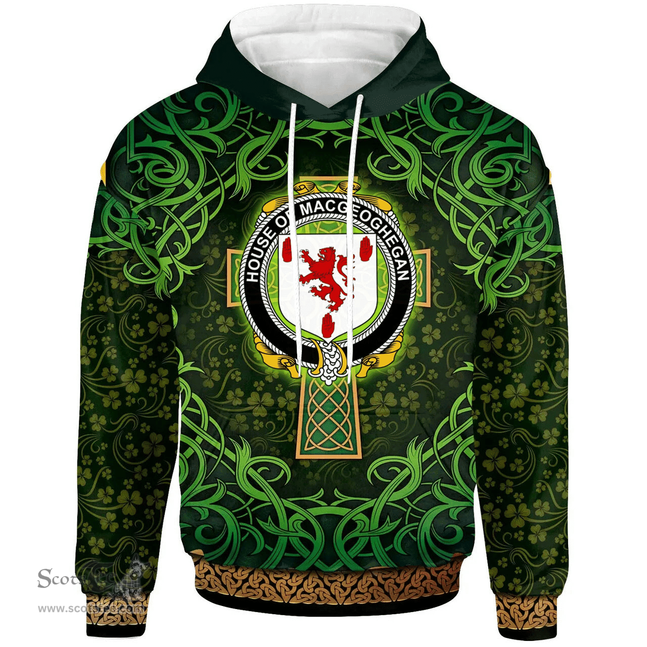 ScotsTee Shop Irish House of MACGEOGHEGAN Coat of Arms Family Crest Ireland Hoodie Celtic Cross Shamrock Patterns