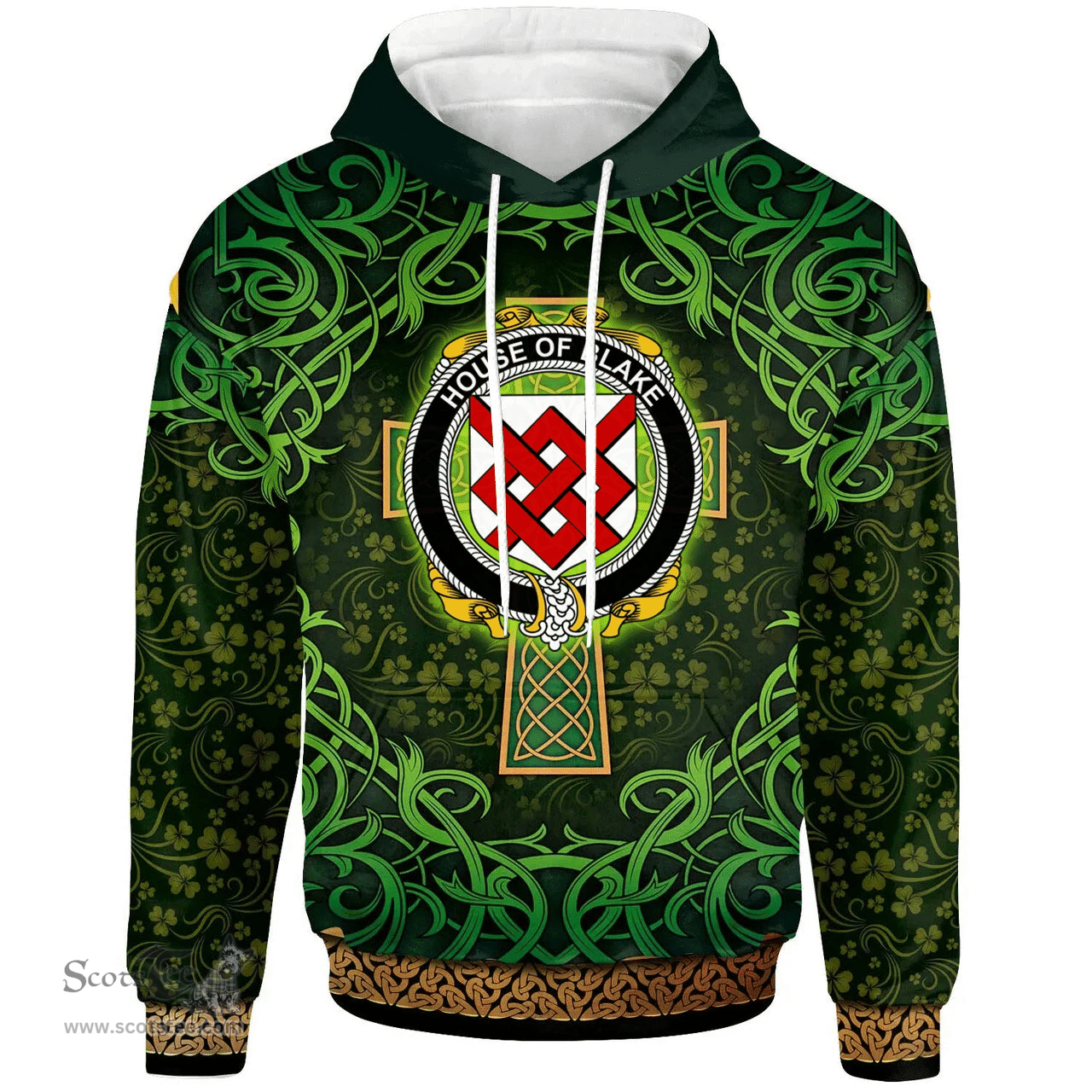 ScotsTee Shop Irish House of BLAKE Coat of Arms Family Crest Ireland Hoodie Celtic Cross Shamrock Patterns