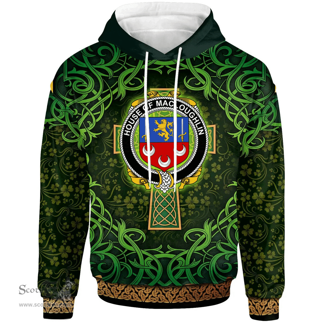 ScotsTee Shop Irish House of MACLOUGHLIN (Tirconnell) Coat of Arms Family Crest Ireland Hoodie Celtic Cross Shamrock Patterns
