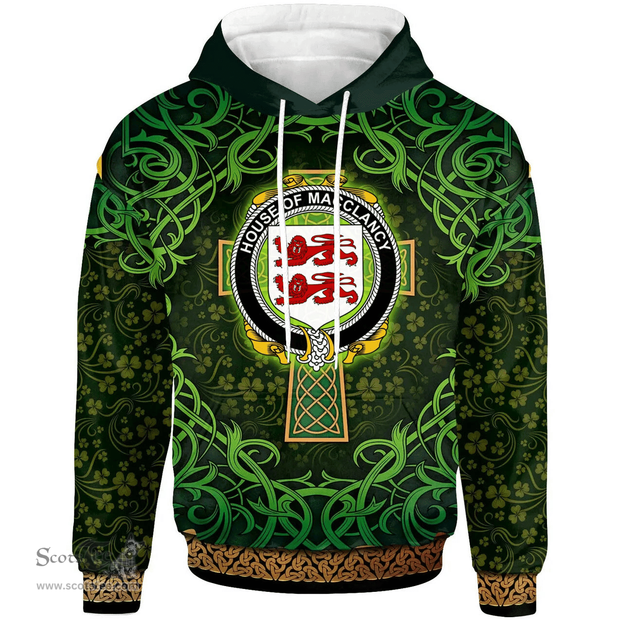 ScotsTee Shop Irish House of MACCLANCY Coat of Arms Family Crest Ireland Hoodie Celtic Cross Shamrock Patterns