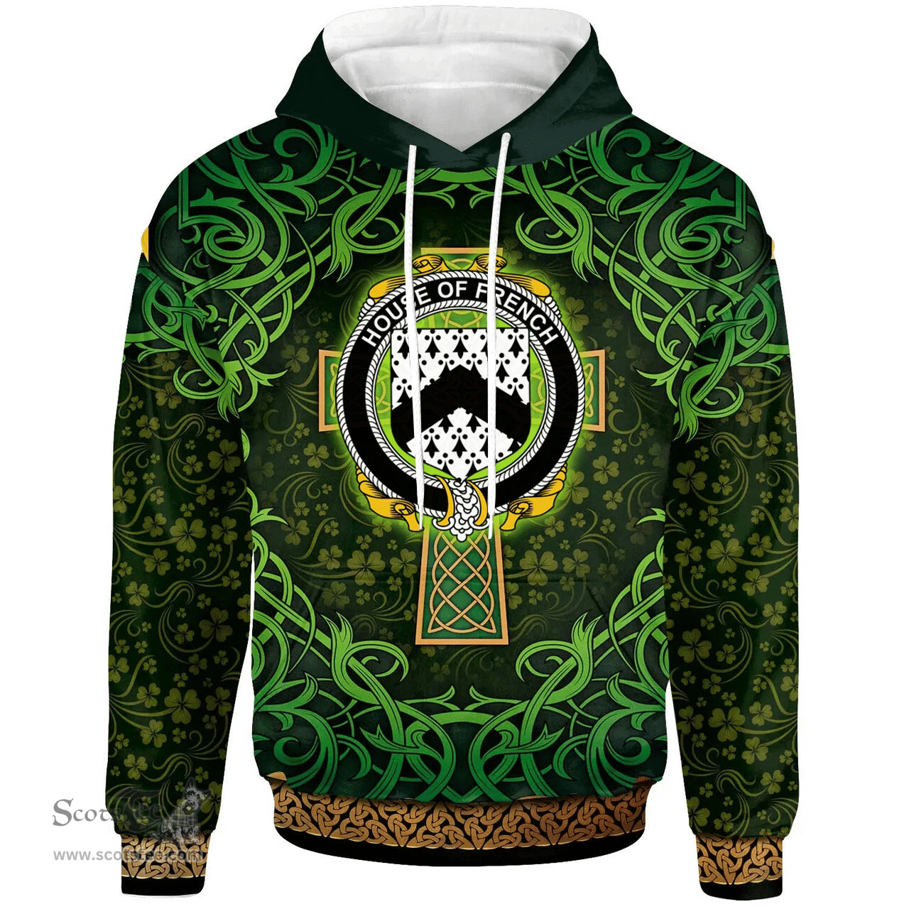 ScotsTee Shop Irish House of FRENCH Coat of Arms Family Crest Ireland Hoodie Celtic Cross Shamrock Patterns