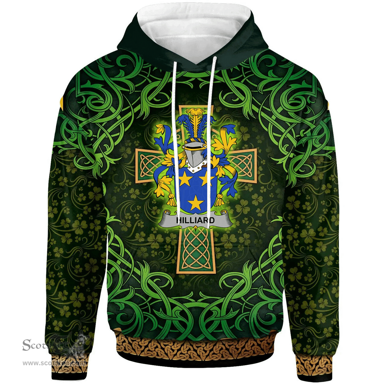 ScotsTee Shop Irish Hilliard Coat of Arms Family Crest Ireland Hoodie Celtic Cross Shamrock Patterns