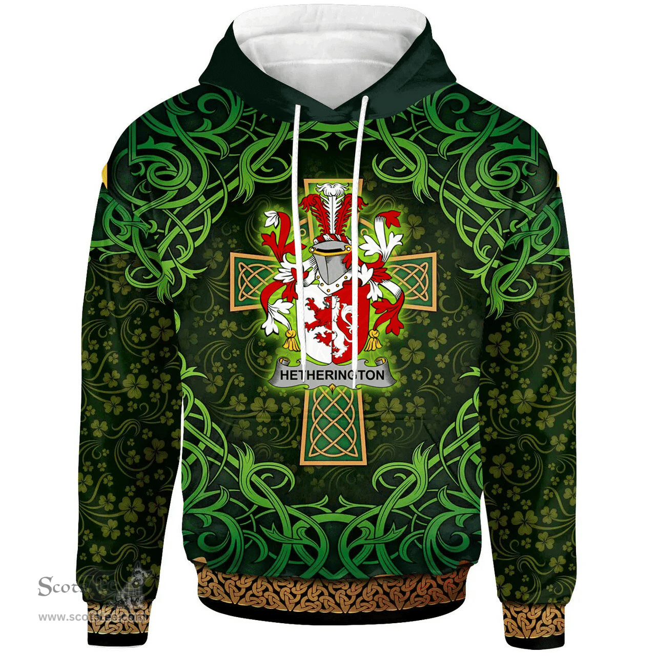 ScotsTee Shop Irish Hetherington Coat of Arms Family Crest Ireland Hoodie Celtic Cross Shamrock Patterns