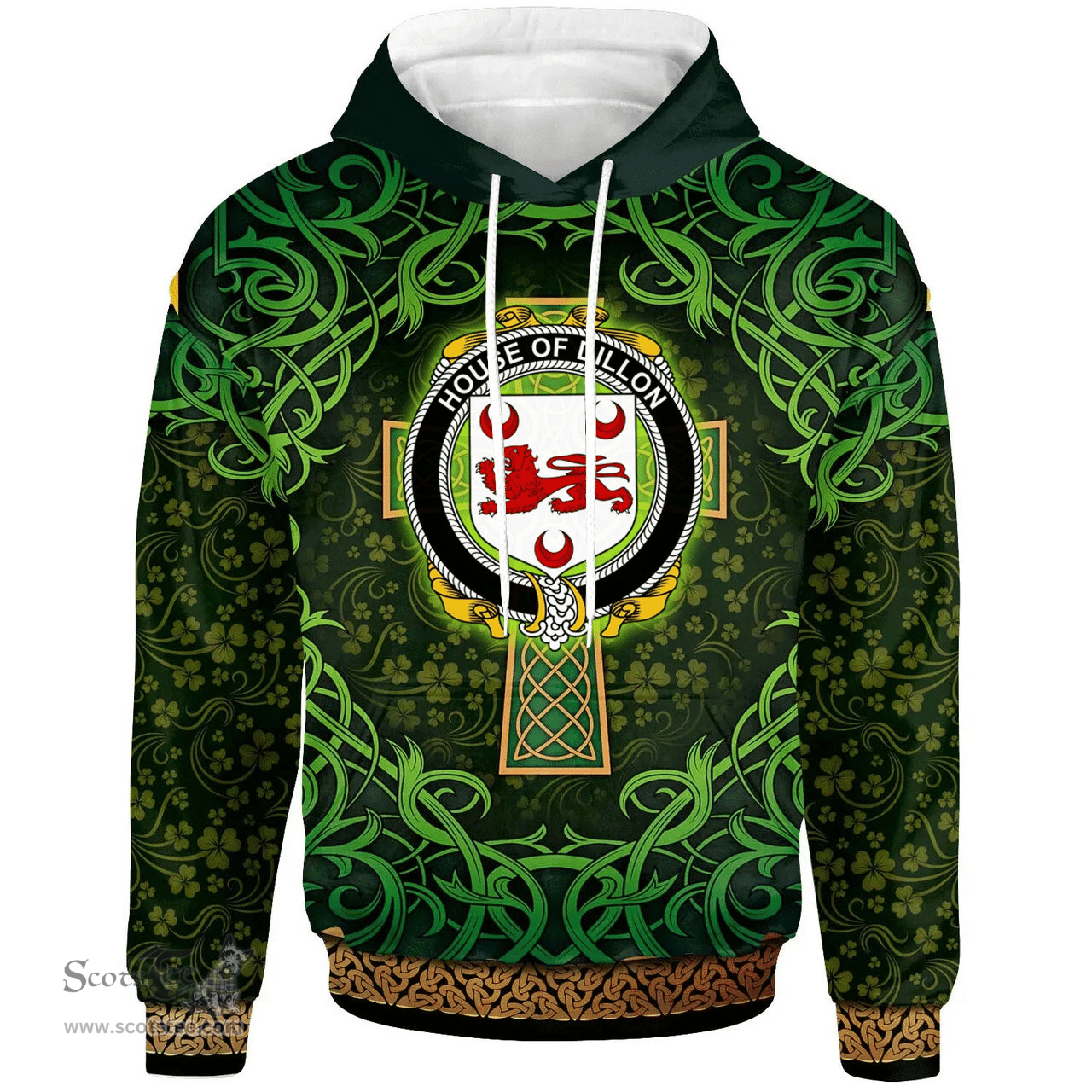 ScotsTee Shop Irish House of DILLON Coat of Arms Family Crest Ireland Hoodie Celtic Cross Shamrock Patterns