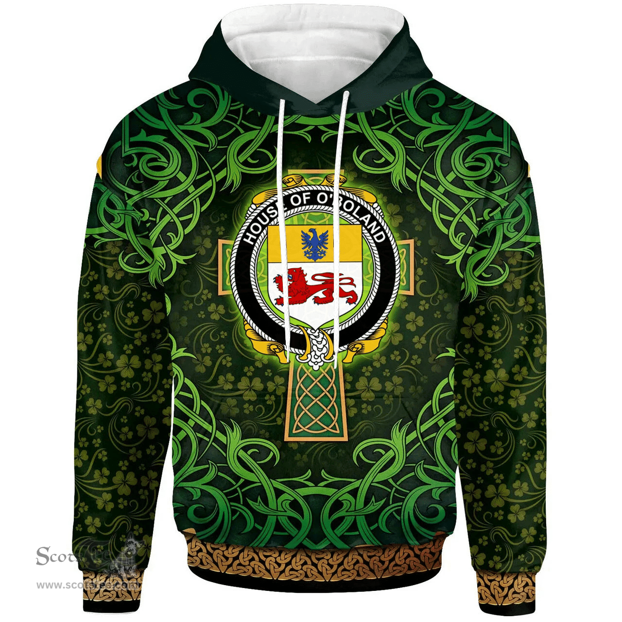 ScotsTee Shop Irish House of O'BOLAND Coat of Arms Family Crest Ireland Hoodie Celtic Cross Shamrock Patterns