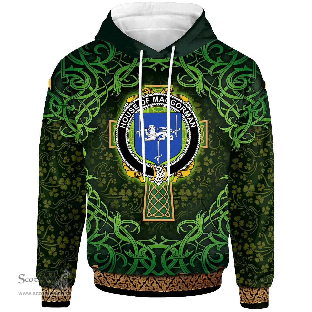 ScotsTee Shop Irish House of MACGORMAN Coat of Arms Family Crest Ireland Hoodie Celtic Cross Shamrock Patterns