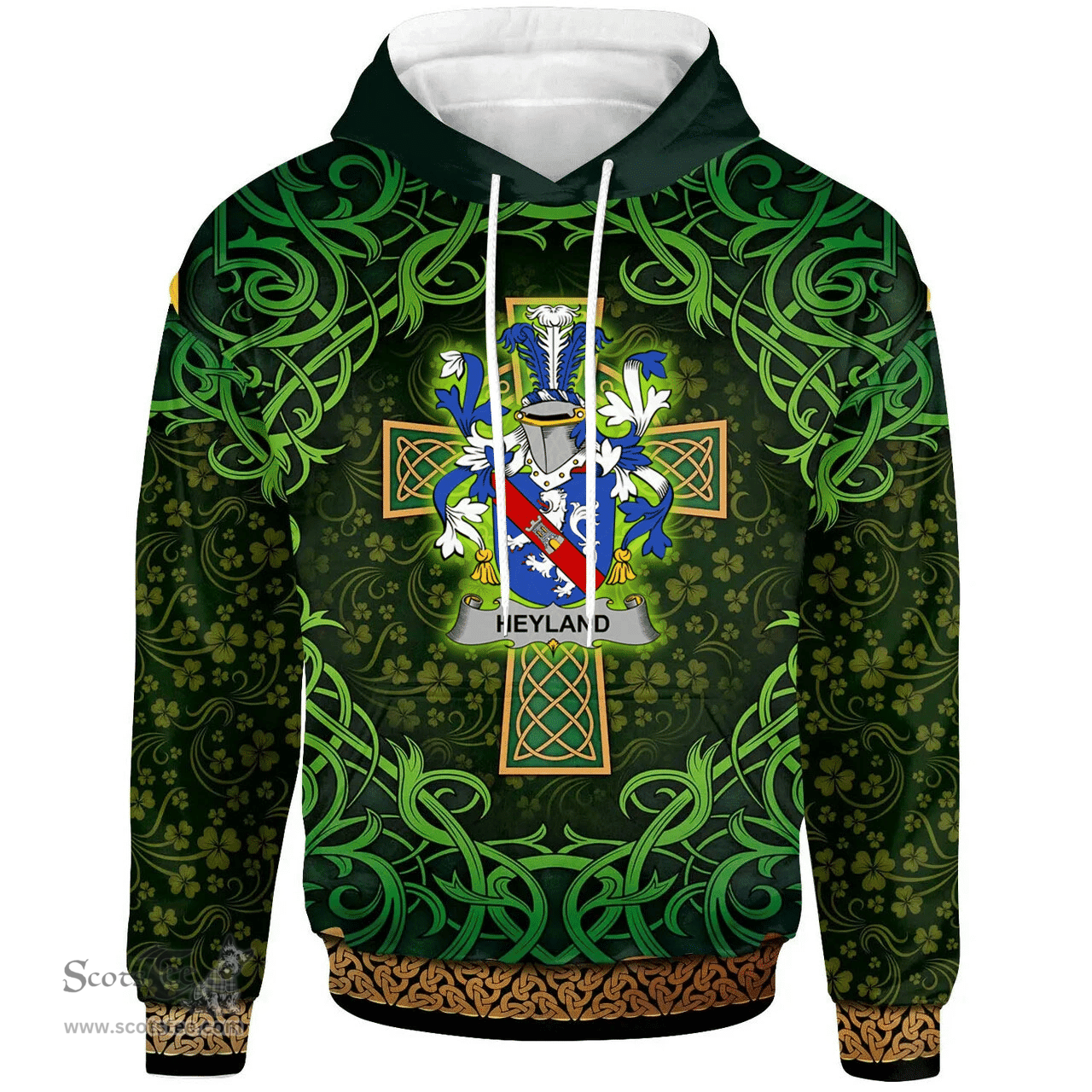 ScotsTee Shop Irish Heyland Coat of Arms Family Crest Ireland Hoodie Celtic Cross Shamrock Patterns