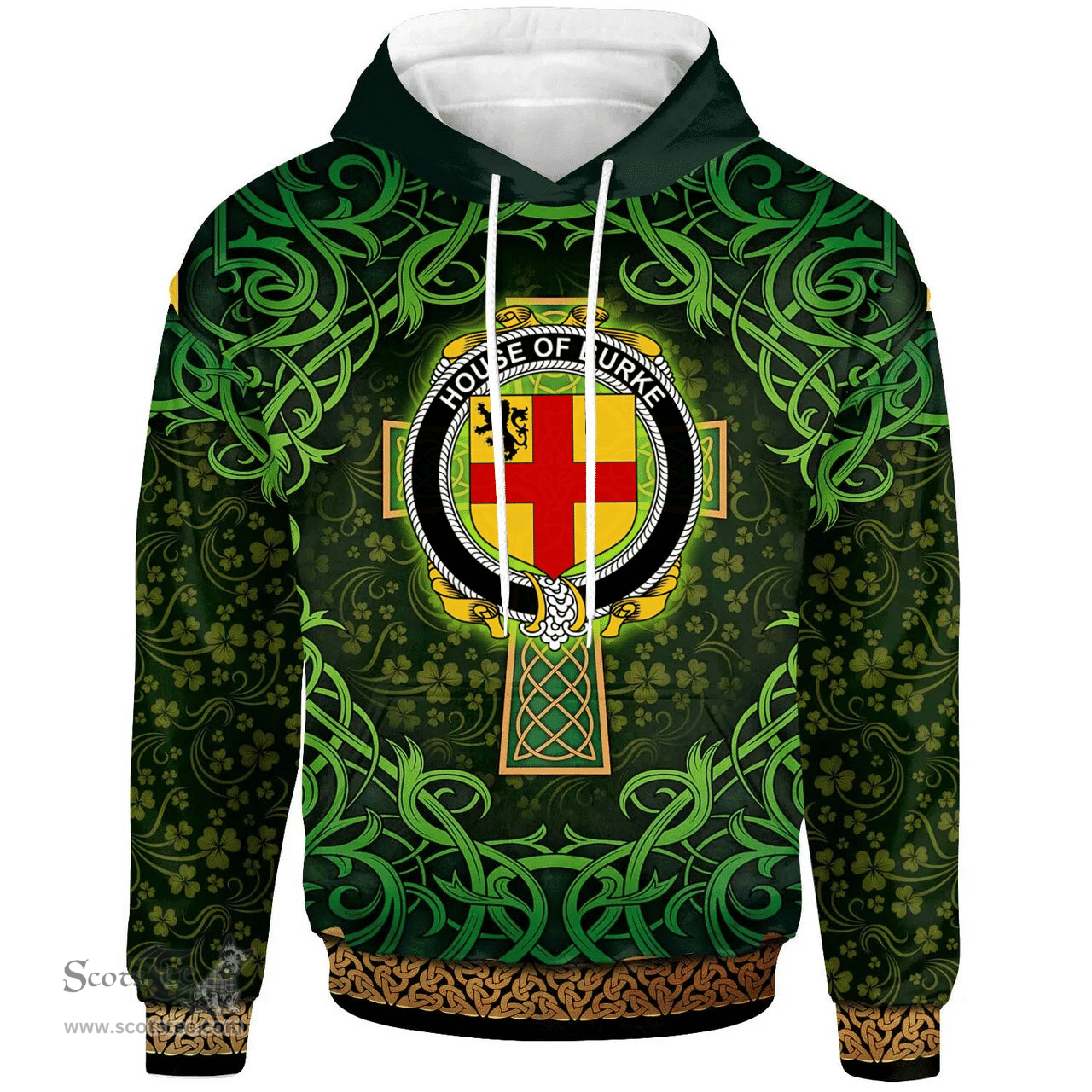 ScotsTee Shop Irish House of BURKE Coat of Arms Family Crest Ireland Hoodie Celtic Cross Shamrock Patterns