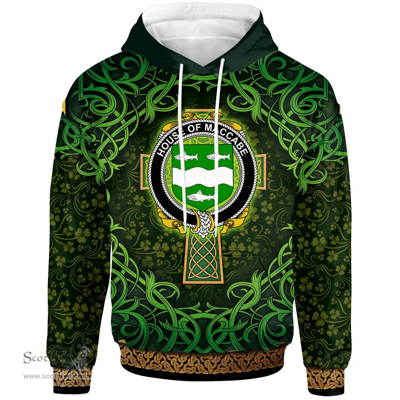 ScotsTee Shop Irish House of MACCABE Coat of Arms Family Crest Ireland Hoodie Celtic Cross Shamrock Patterns