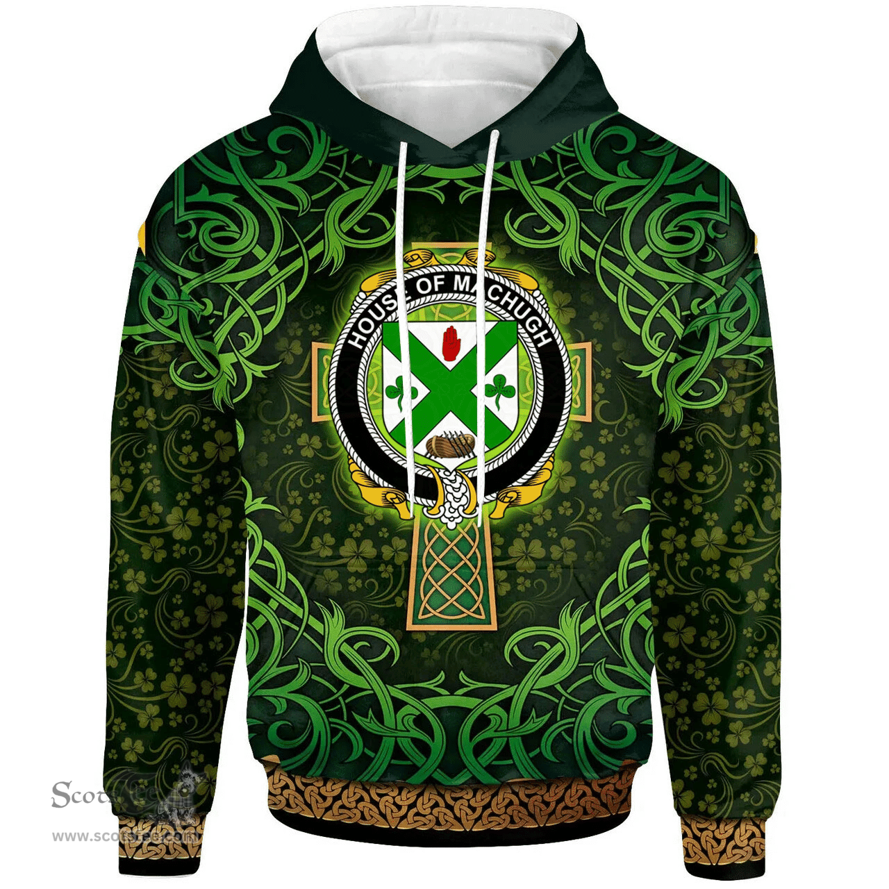 ScotsTee Shop Irish House of MACHUGH Coat of Arms Family Crest Ireland Hoodie Celtic Cross Shamrock Patterns