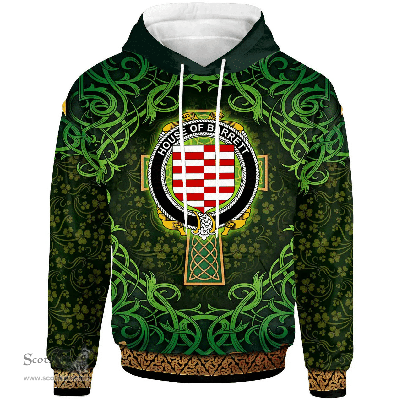 ScotsTee Shop Irish House of BARRETT Coat of Arms Family Crest Ireland Hoodie Celtic Cross Shamrock Patterns