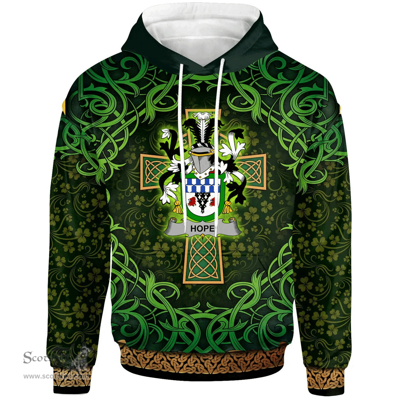 ScotsTee Shop Irish Hope Coat of Arms Family Crest Ireland Hoodie Celtic Cross Shamrock Patterns