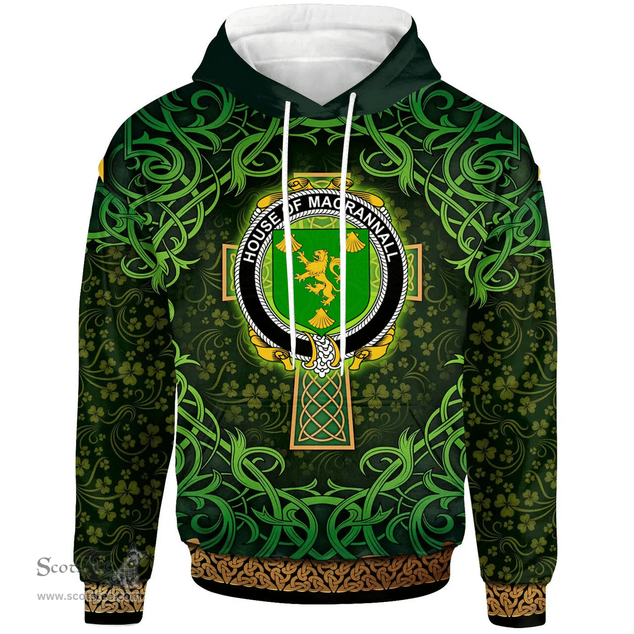 ScotsTee Shop Irish House of MACRANNALL (REYNOLDS) Coat of Arms Family Crest Ireland Hoodie Celtic Cross Shamrock Patterns