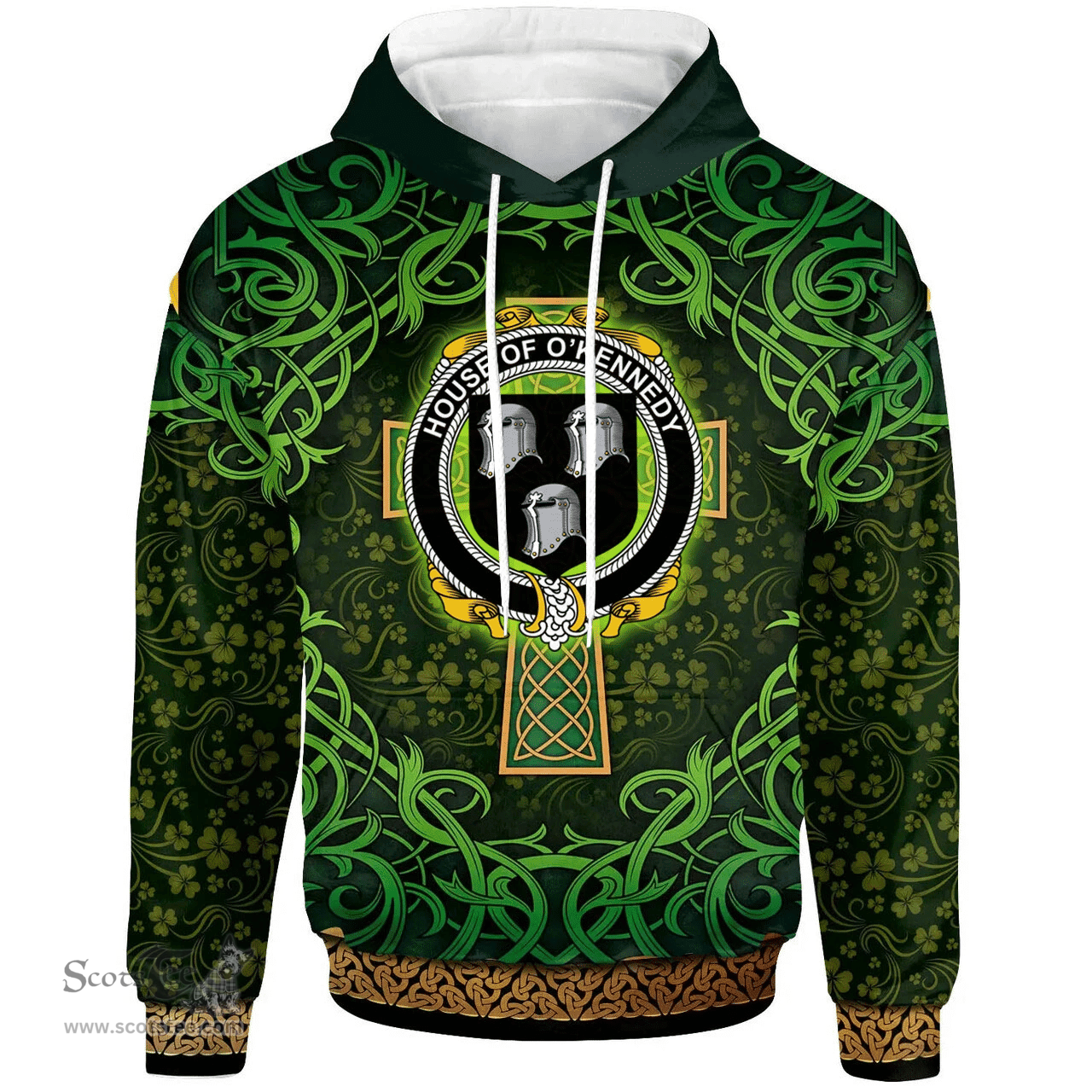 ScotsTee Shop Irish House of O'KENNEDY Coat of Arms Family Crest Ireland Hoodie Celtic Cross Shamrock Patterns