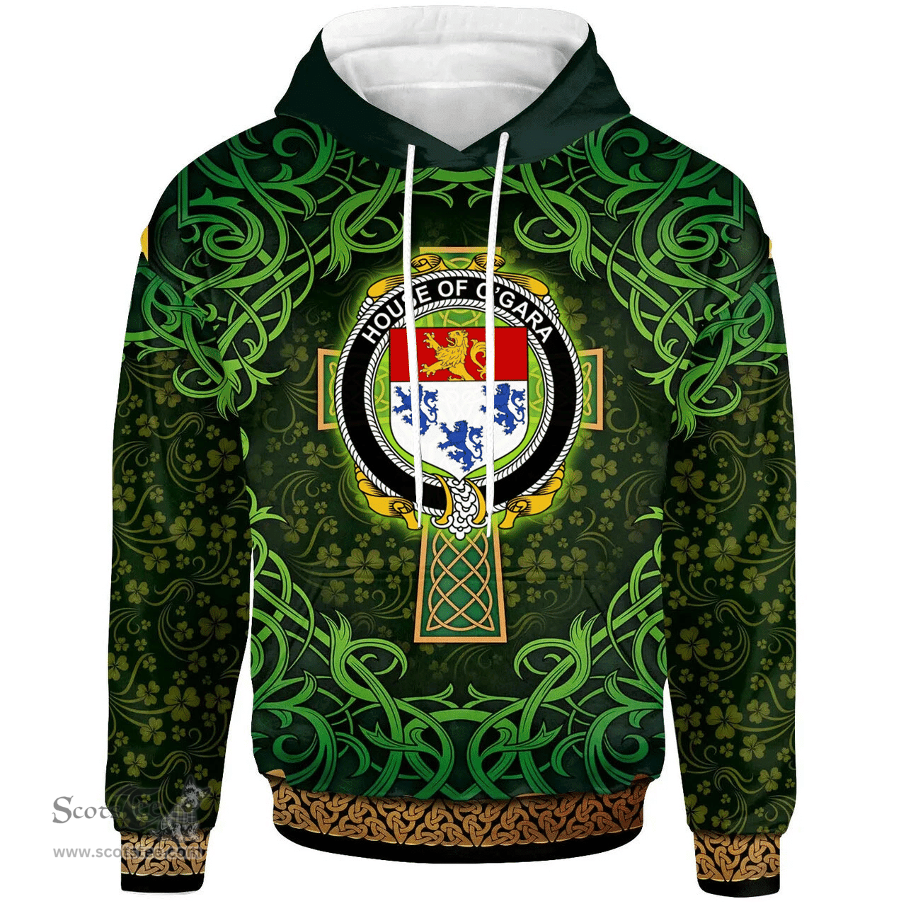 ScotsTee Shop Irish House of O'GARA Coat of Arms Family Crest Ireland Hoodie Celtic Cross Shamrock Patterns