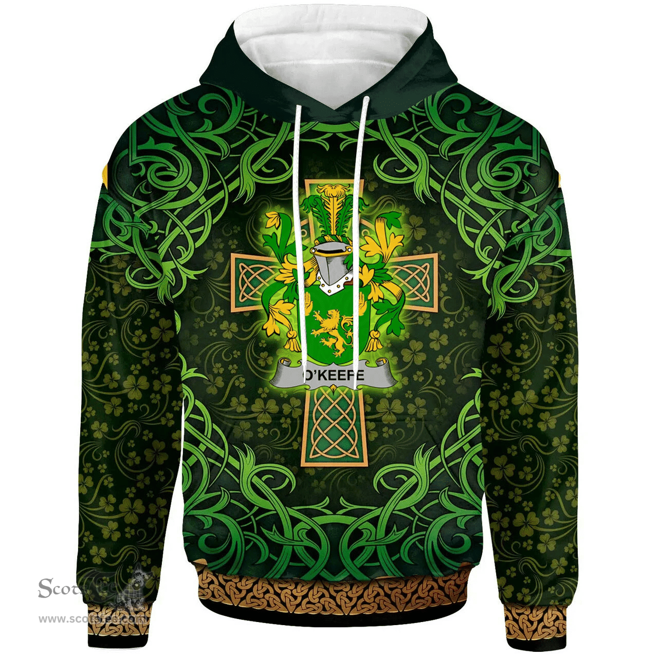 ScotsTee Shop Irish Keefe or O'Keefe Coat of Arms Family Crest Ireland Hoodie Celtic Cross Shamrock Patterns