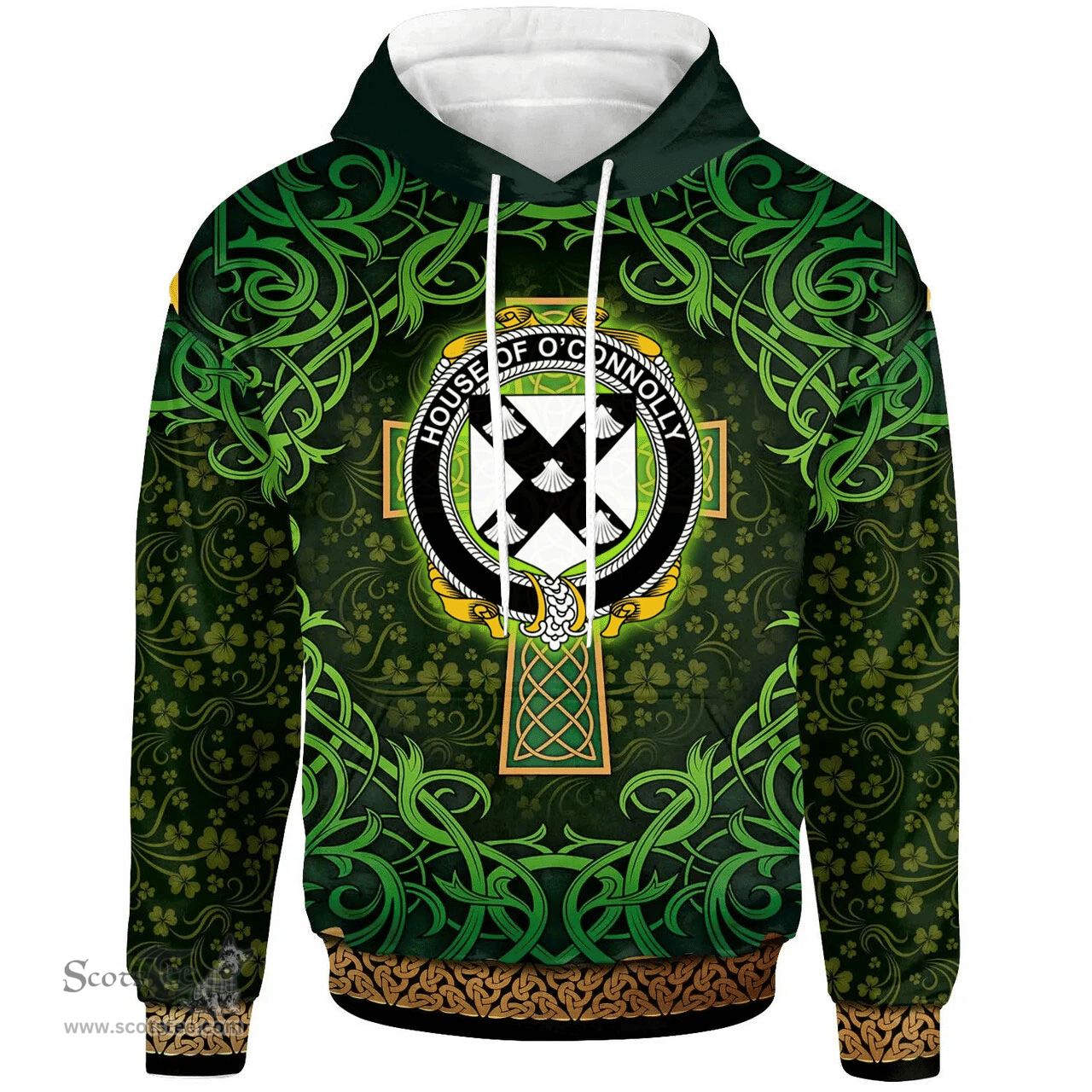 ScotsTee Shop Irish House of O'CONNOLLY Coat of Arms Family Crest Ireland Hoodie Celtic Cross Shamrock Patterns