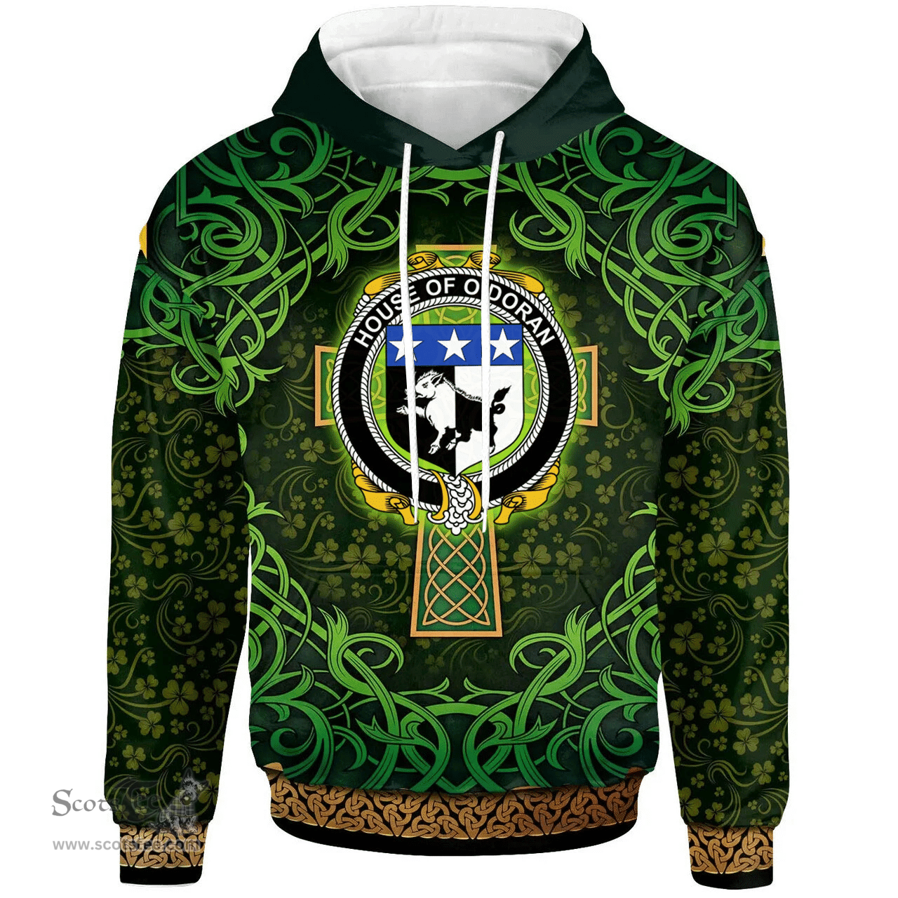 ScotsTee Shop Irish House of O'DORAN Coat of Arms Family Crest Ireland Hoodie Celtic Cross Shamrock Patterns
