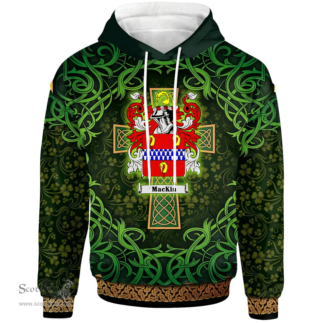ScotsTee Shop Irish Mackin Coat of Arms Family Crest Ireland Hoodie Celtic Cross Shamrock Patterns