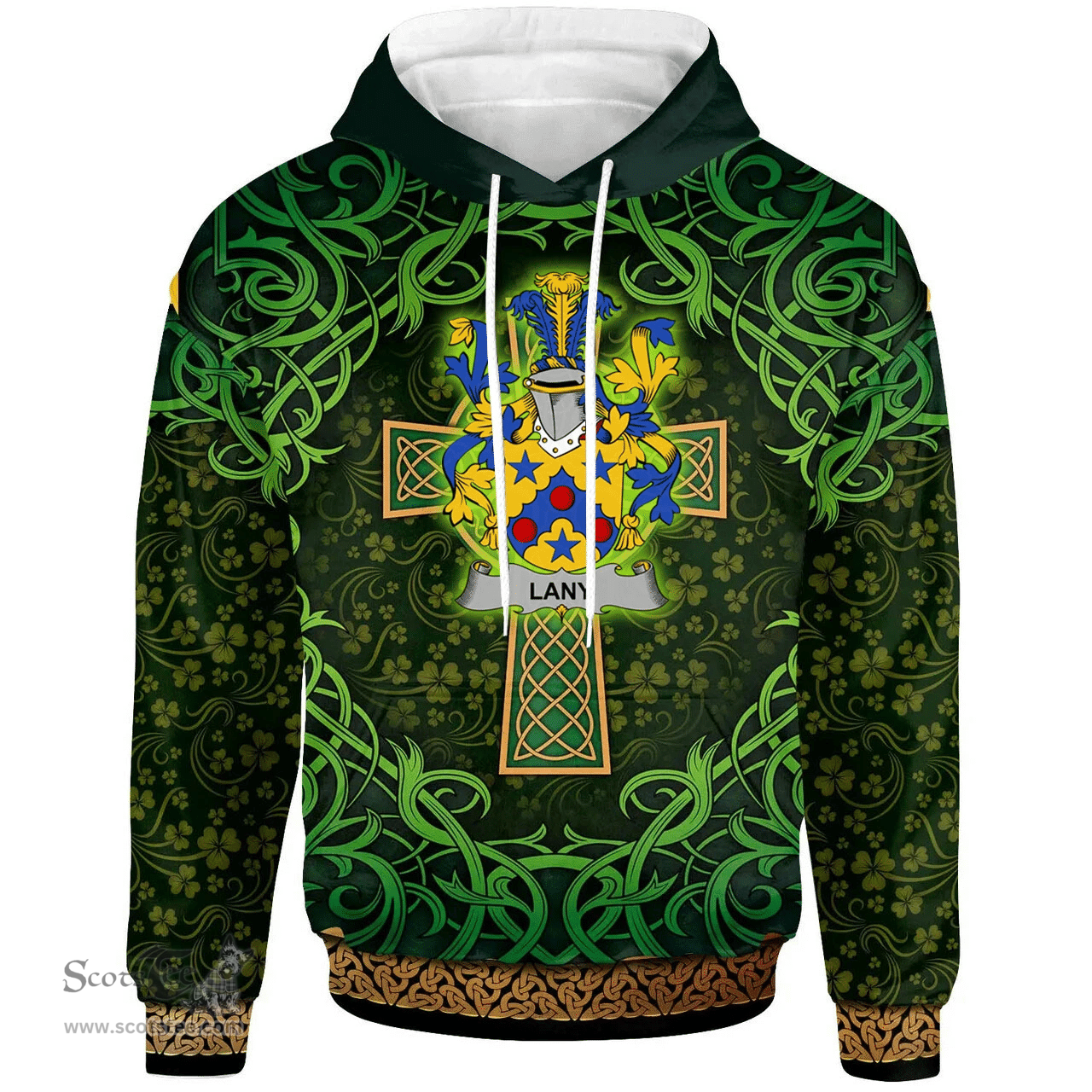 ScotsTee Shop Irish Lany or Laney Coat of Arms Family Crest Ireland Hoodie Celtic Cross Shamrock Patterns
