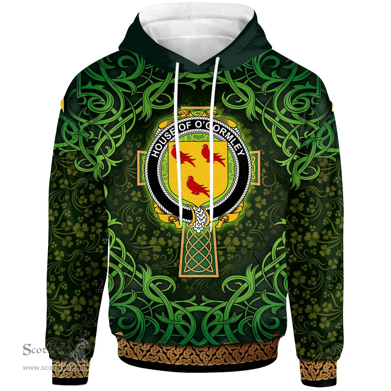 ScotsTee Shop Irish House of O'GORMLEY Coat of Arms Family Crest Ireland Hoodie Celtic Cross Shamrock Patterns