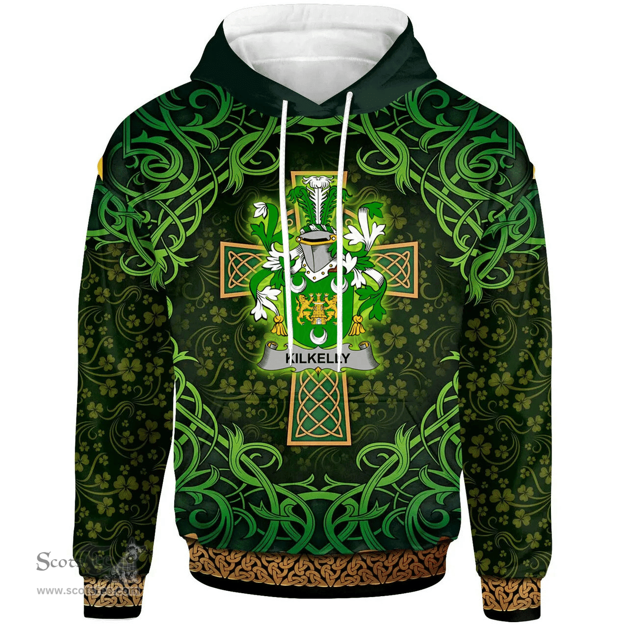 ScotsTee Shop Irish Kilkelly or Killikelly Coat of Arms Family Crest Ireland Hoodie Celtic Cross Shamrock Patterns