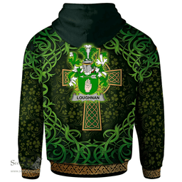 ScotsTee Shop Irish Loughnan or O'Loughnan Coat of Arms Family Crest Ireland Hoodie Celtic Cross Shamrock Patterns