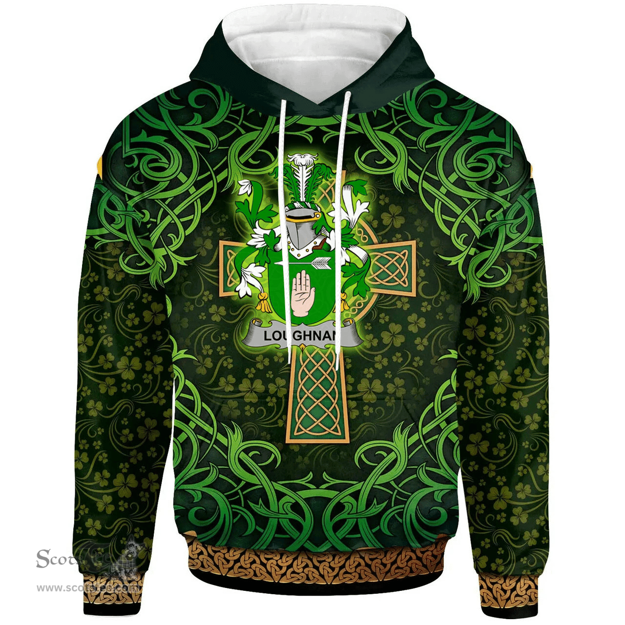 ScotsTee Shop Irish Loughnan or O'Loughnan Coat of Arms Family Crest Ireland Hoodie Celtic Cross Shamrock Patterns