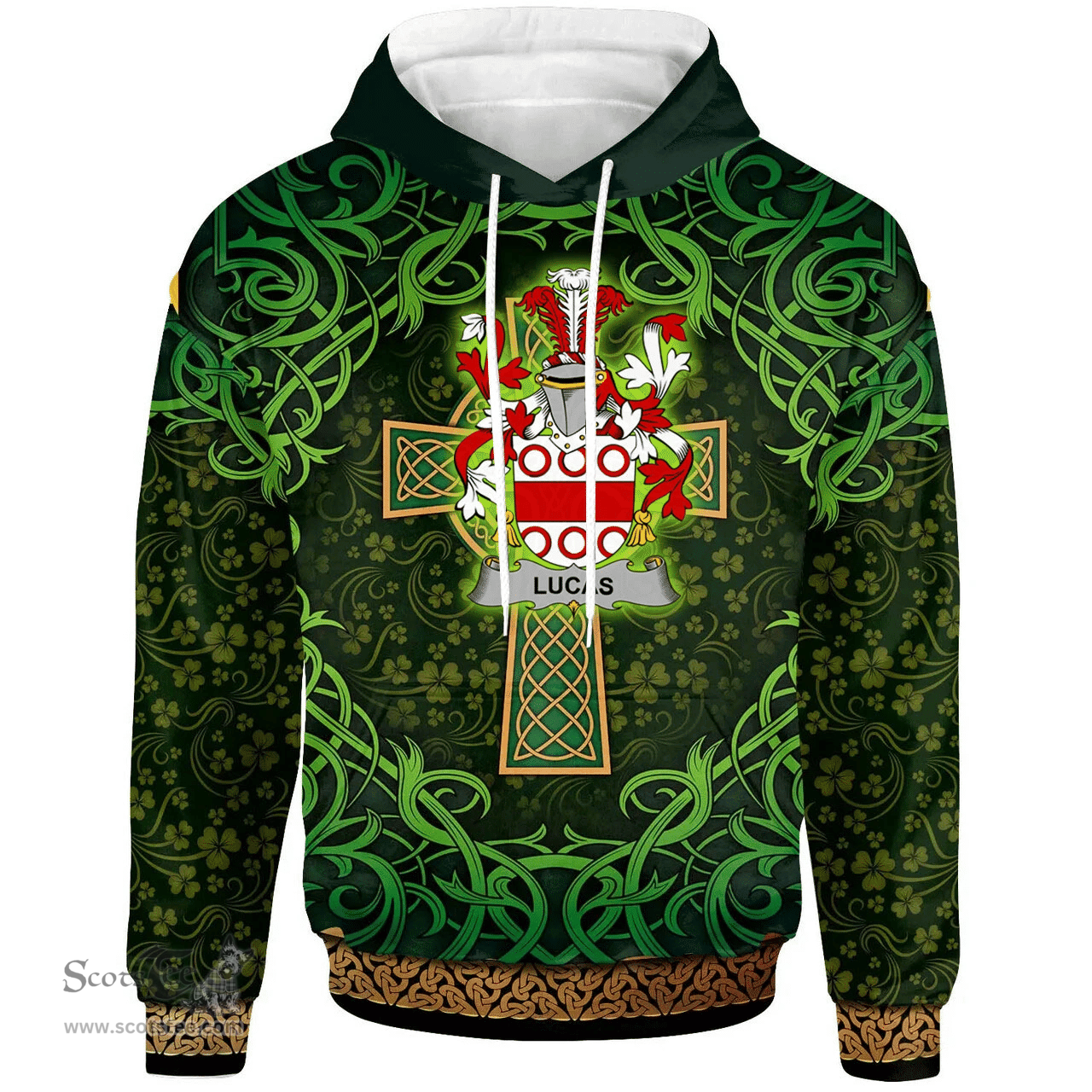 ScotsTee Shop Irish Lucas or Luke Coat of Arms Family Crest Ireland Hoodie Celtic Cross Shamrock Patterns