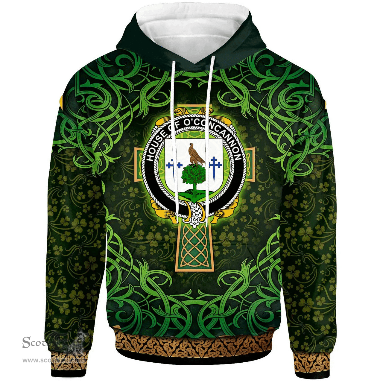ScotsTee Shop Irish House of O'CONCANNON Coat of Arms Family Crest Ireland Hoodie Celtic Cross Shamrock Patterns