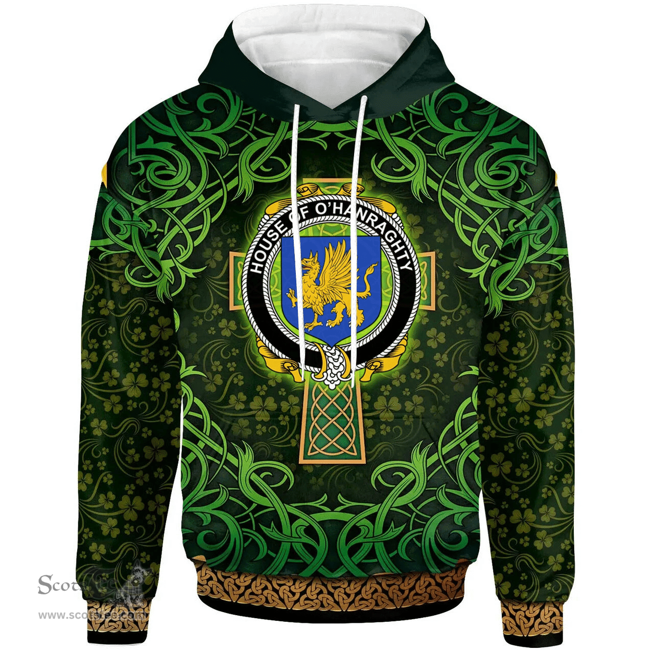 ScotsTee Shop Irish House of O'HANRAGHTY Coat of Arms Family Crest Ireland Hoodie Celtic Cross Shamrock Patterns