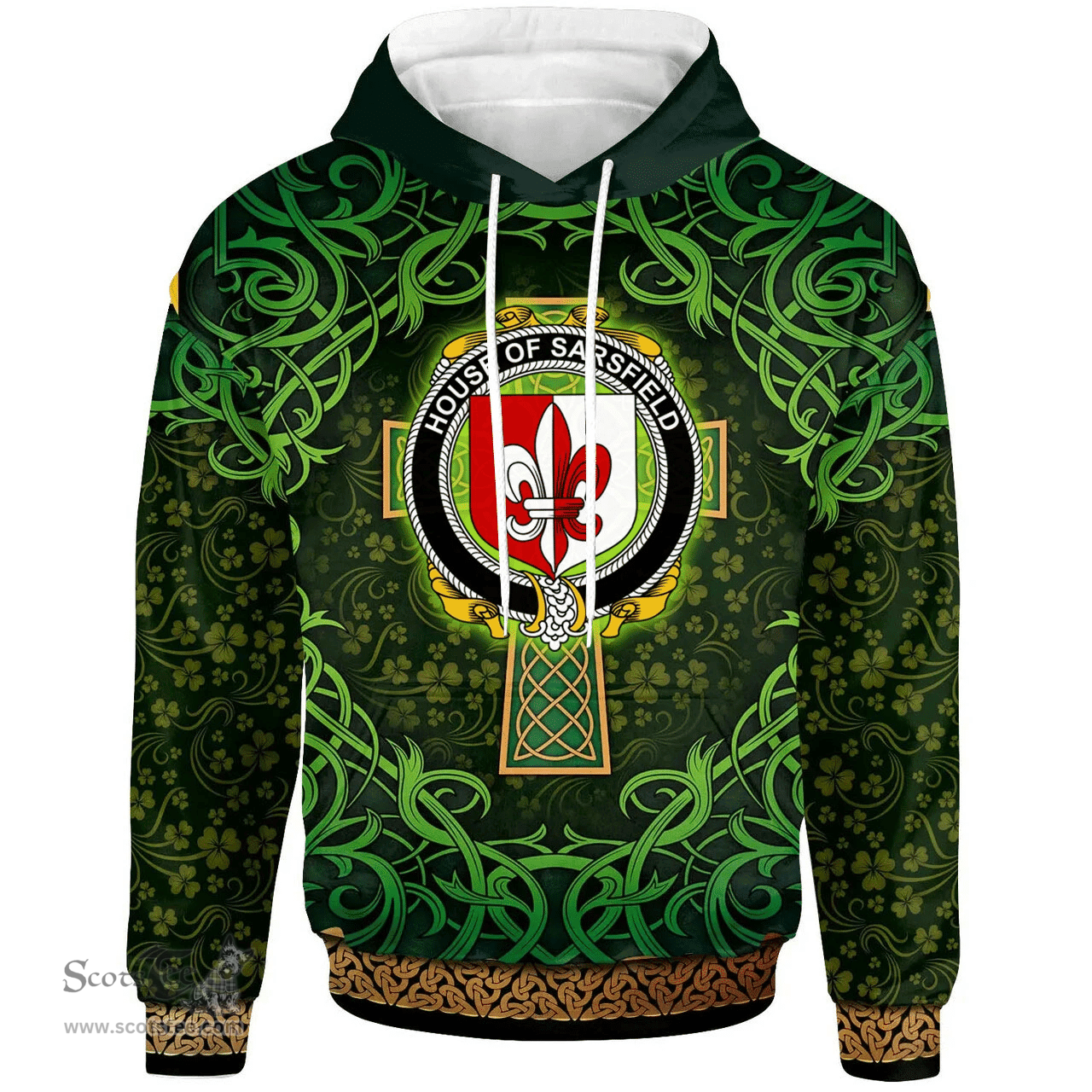 ScotsTee Shop Irish House of SARSFIELD Coat of Arms Family Crest Ireland Hoodie Celtic Cross Shamrock Patterns