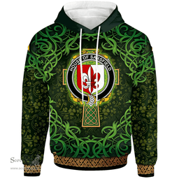 ScotsTee Shop Irish House of SARSFIELD Coat of Arms Family Crest Ireland Hoodie Celtic Cross Shamrock Patterns