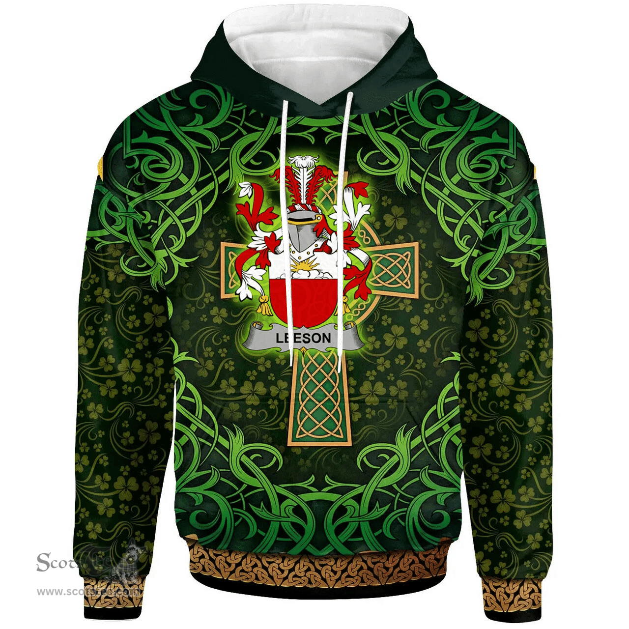 ScotsTee Shop Irish Leeson Coat of Arms Family Crest Ireland Hoodie Celtic Cross Shamrock Patterns