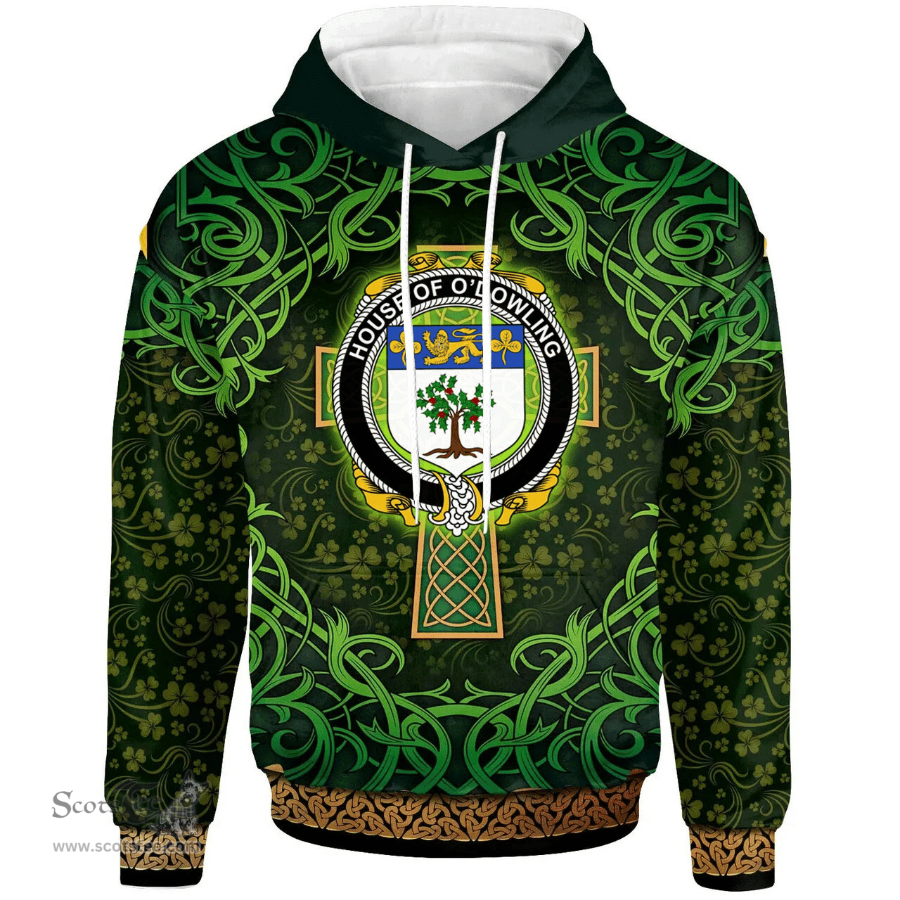 ScotsTee Shop Irish House of O'DOWLING Coat of Arms Family Crest Ireland Hoodie Celtic Cross Shamrock Patterns