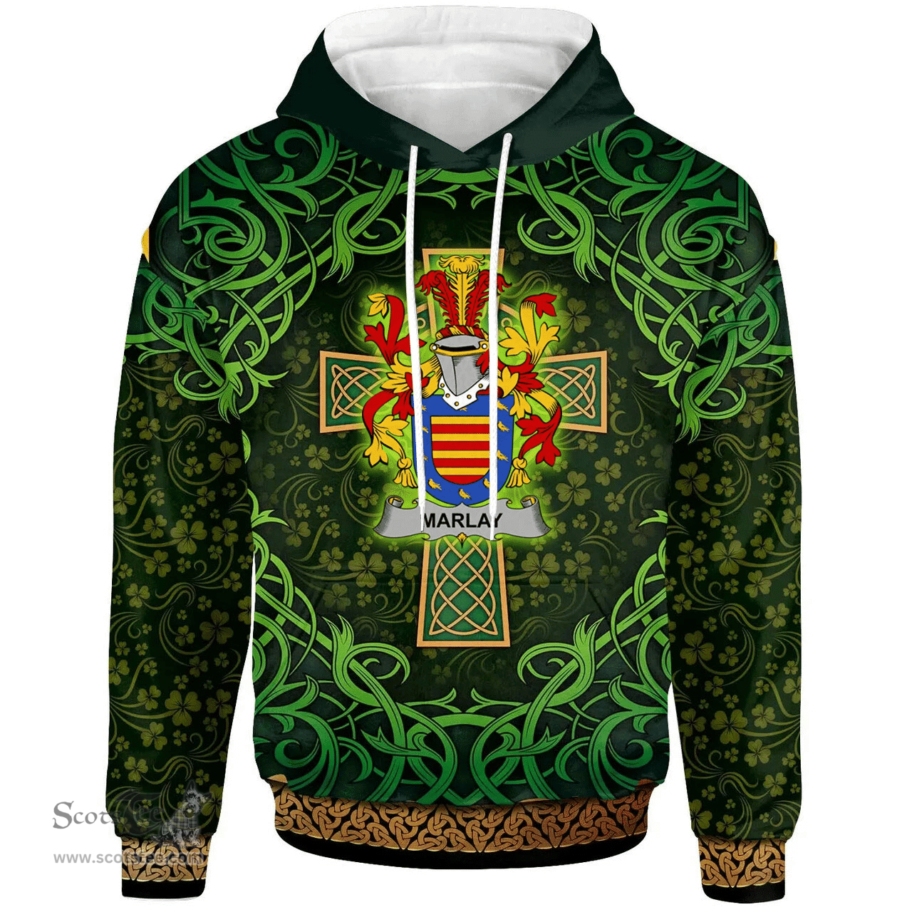 ScotsTee Shop Irish Marlay or O'Marley Coat of Arms Family Crest Ireland Hoodie Celtic Cross Shamrock Patterns