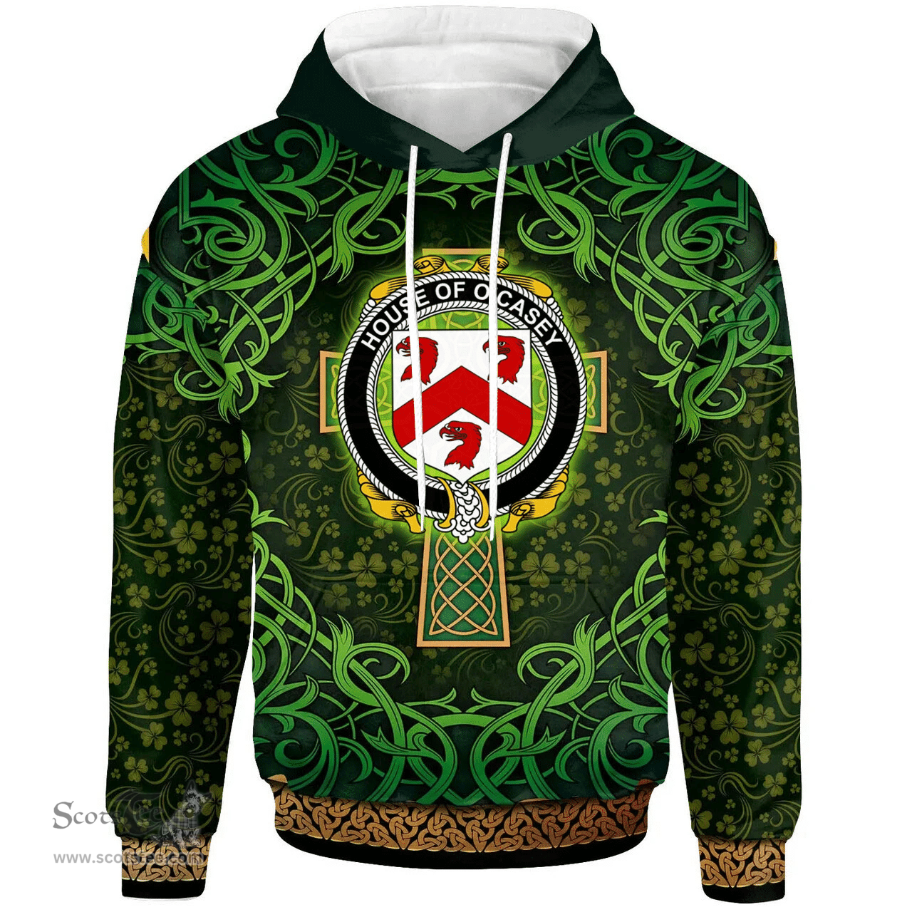 ScotsTee Shop Irish House of O'CASEY Coat of Arms Family Crest Ireland Hoodie Celtic Cross Shamrock Patterns