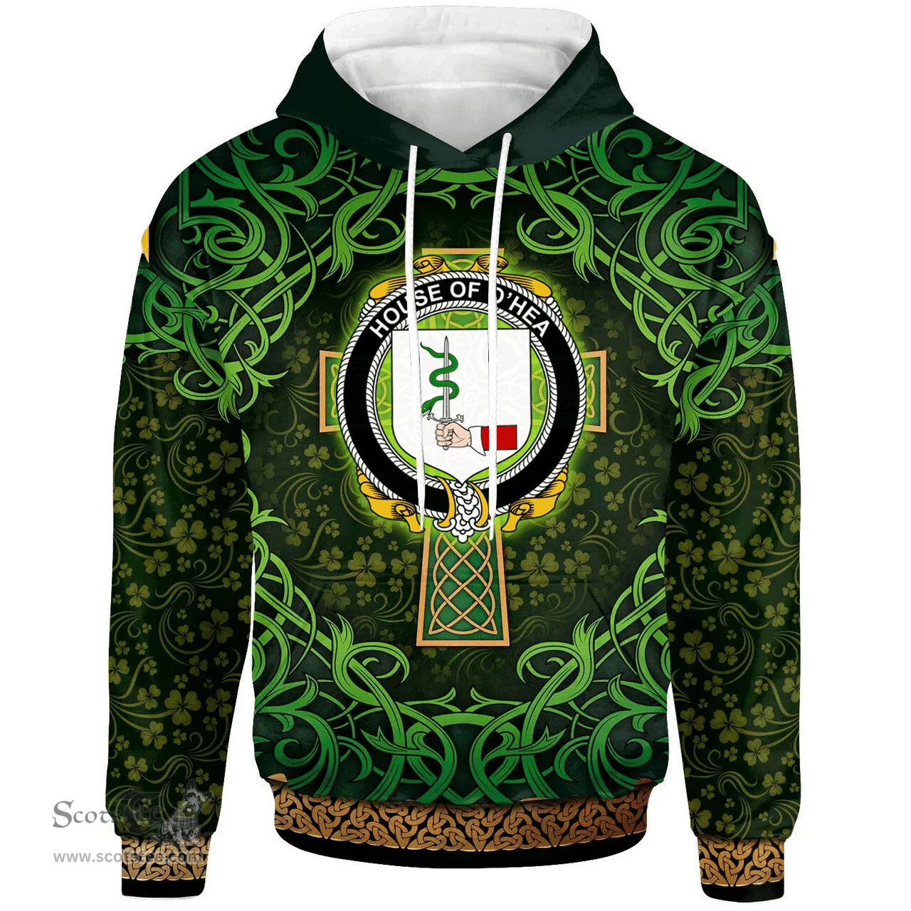 ScotsTee Shop Irish House of O'HEA Coat of Arms Family Crest Ireland Hoodie Celtic Cross Shamrock Patterns