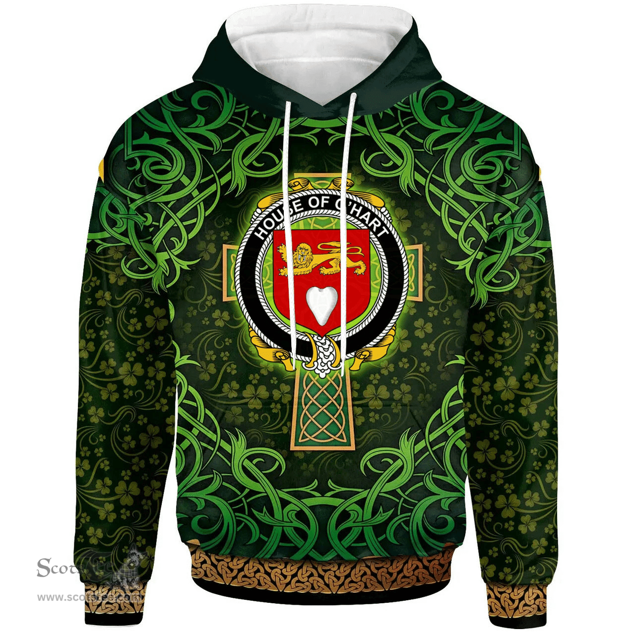 ScotsTee Shop Irish House of O'HART Coat of Arms Family Crest Ireland Hoodie Celtic Cross Shamrock Patterns