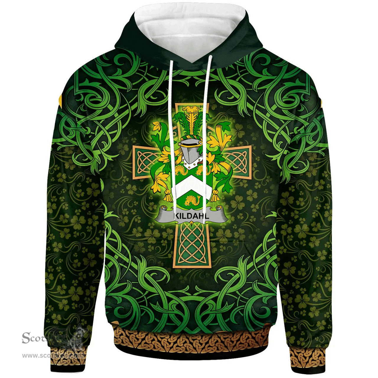 ScotsTee Shop Irish Kildahl Coat of Arms Family Crest Ireland Hoodie Celtic Cross Shamrock Patterns