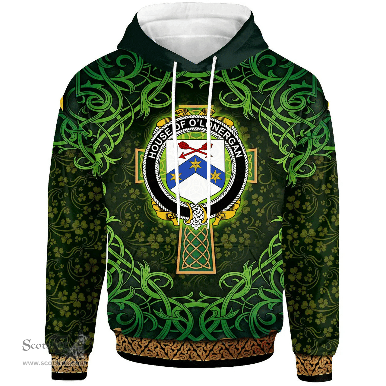 ScotsTee Shop Irish House of O'LONERGAN Coat of Arms Family Crest Ireland Hoodie Celtic Cross Shamrock Patterns