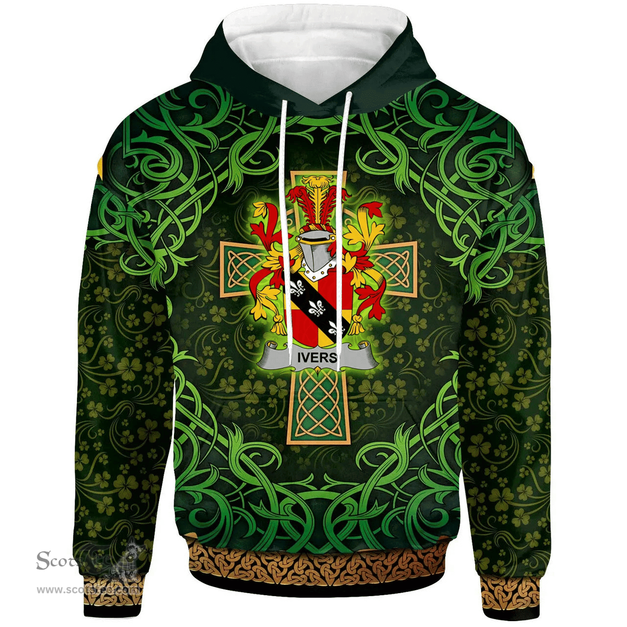 ScotsTee Shop Irish Ivers Coat of Arms Family Crest Ireland Hoodie Celtic Cross Shamrock Patterns