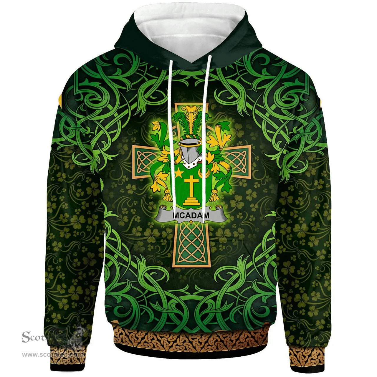 ScotsTee Shop Irish McAdam Coat of Arms Family Crest Ireland Hoodie Celtic Cross Shamrock Patterns