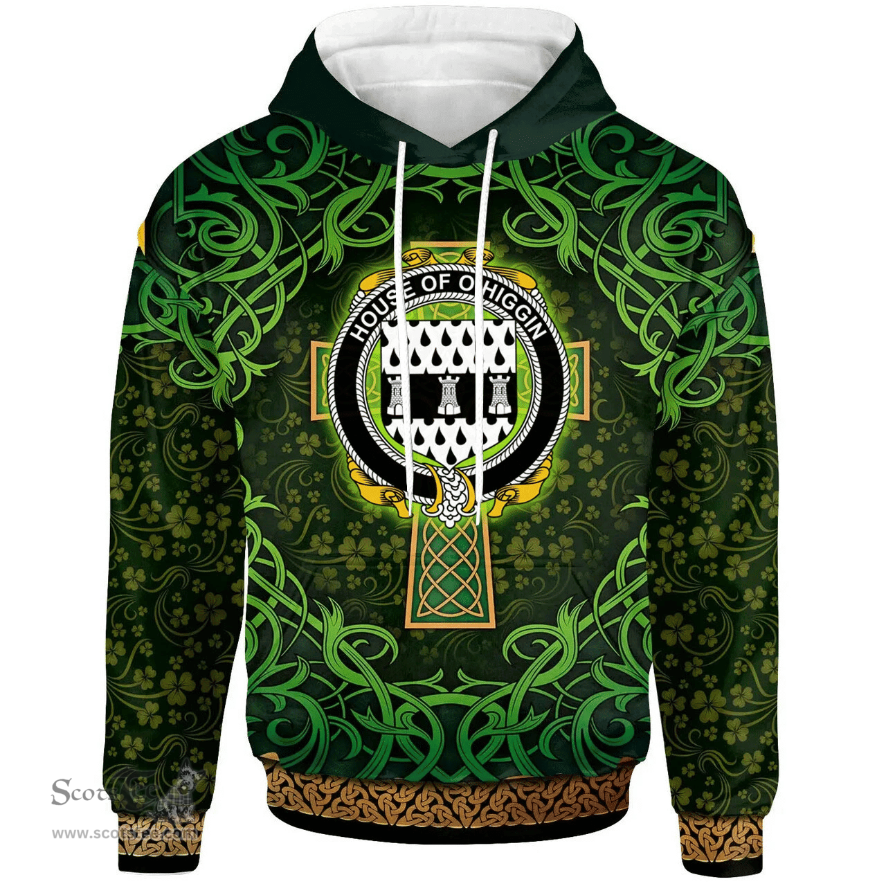 ScotsTee Shop Irish House of O'HIGGIN Coat of Arms Family Crest Ireland Hoodie Celtic Cross Shamrock Patterns