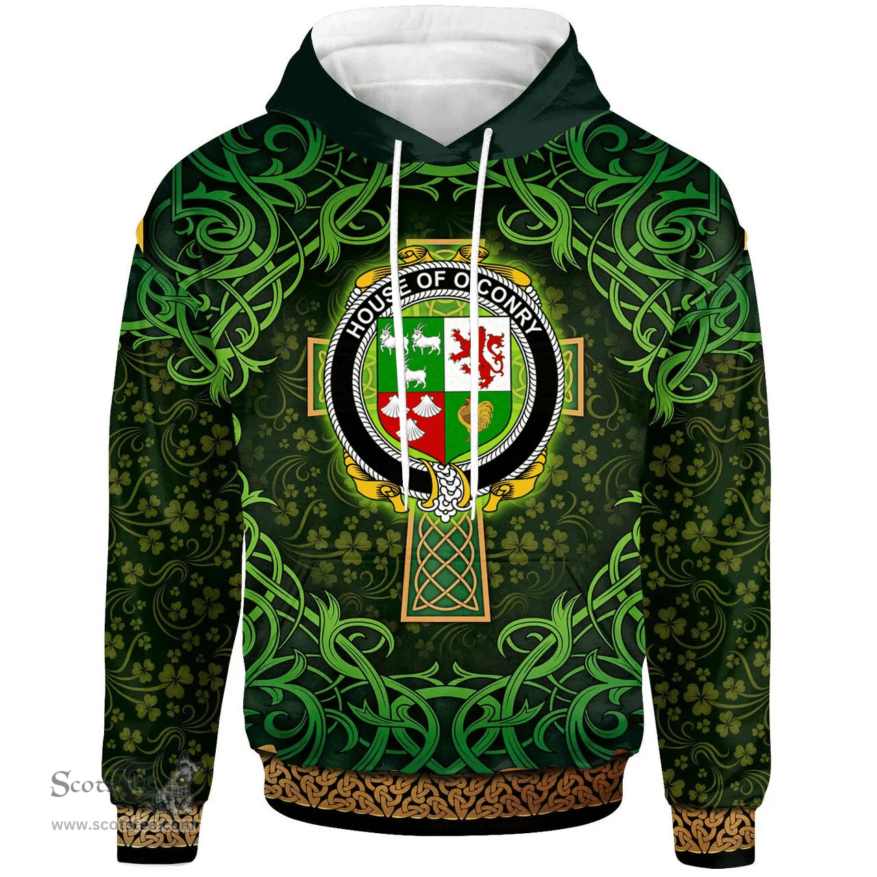 ScotsTee Shop Irish House of O'CONRY Coat of Arms Family Crest Ireland Hoodie Celtic Cross Shamrock Patterns