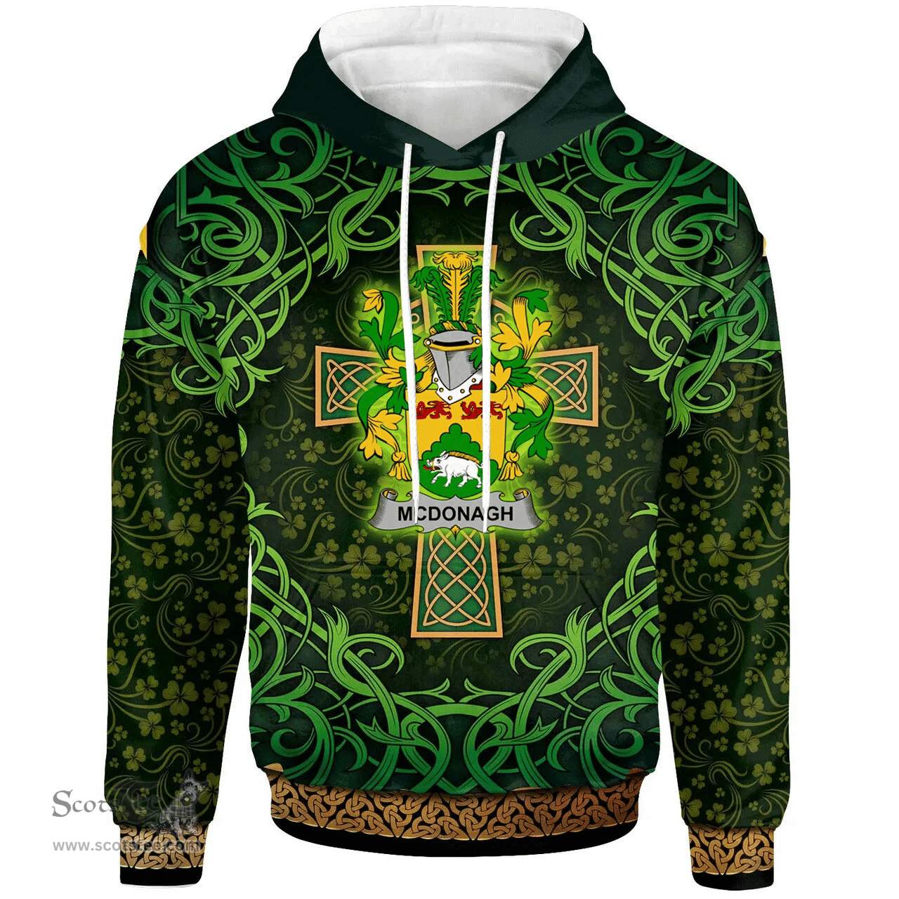 ScotsTee Shop Irish McDonagh or McDonogh Coat of Arms Family Crest Ireland Hoodie Celtic Cross Shamrock Patterns
