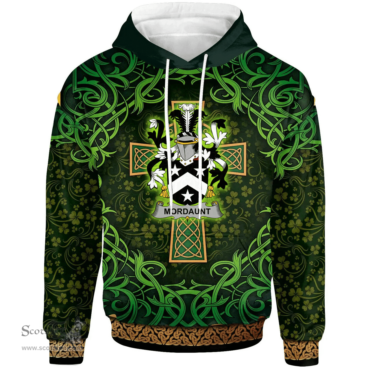 ScotsTee Shop Irish Mordaunt Coat of Arms Family Crest Ireland Hoodie Celtic Cross Shamrock Patterns