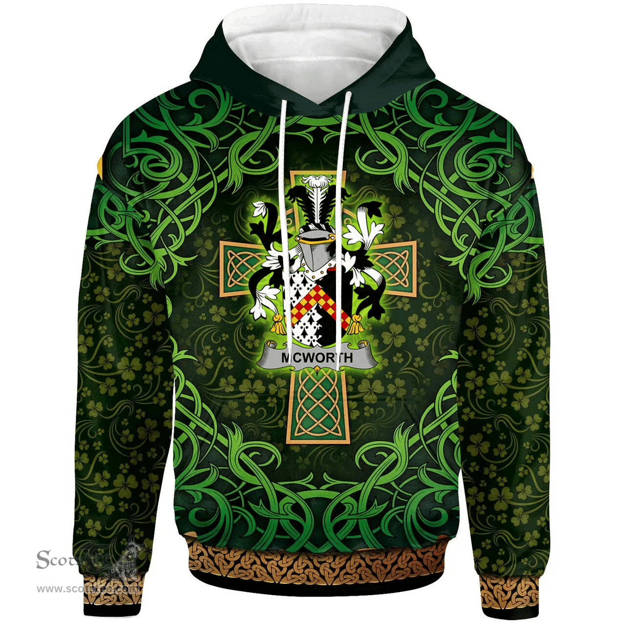 ScotsTee Shop Irish McWorth or MacWorth Coat of Arms Family Crest Ireland Hoodie Celtic Cross Shamrock Patterns